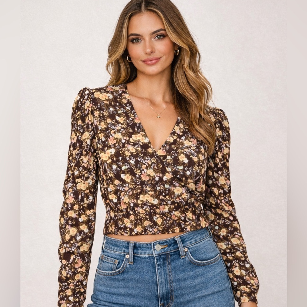 AFRM Brown Floral Cropped Wrap Blouse M Long Sleeve Revolve